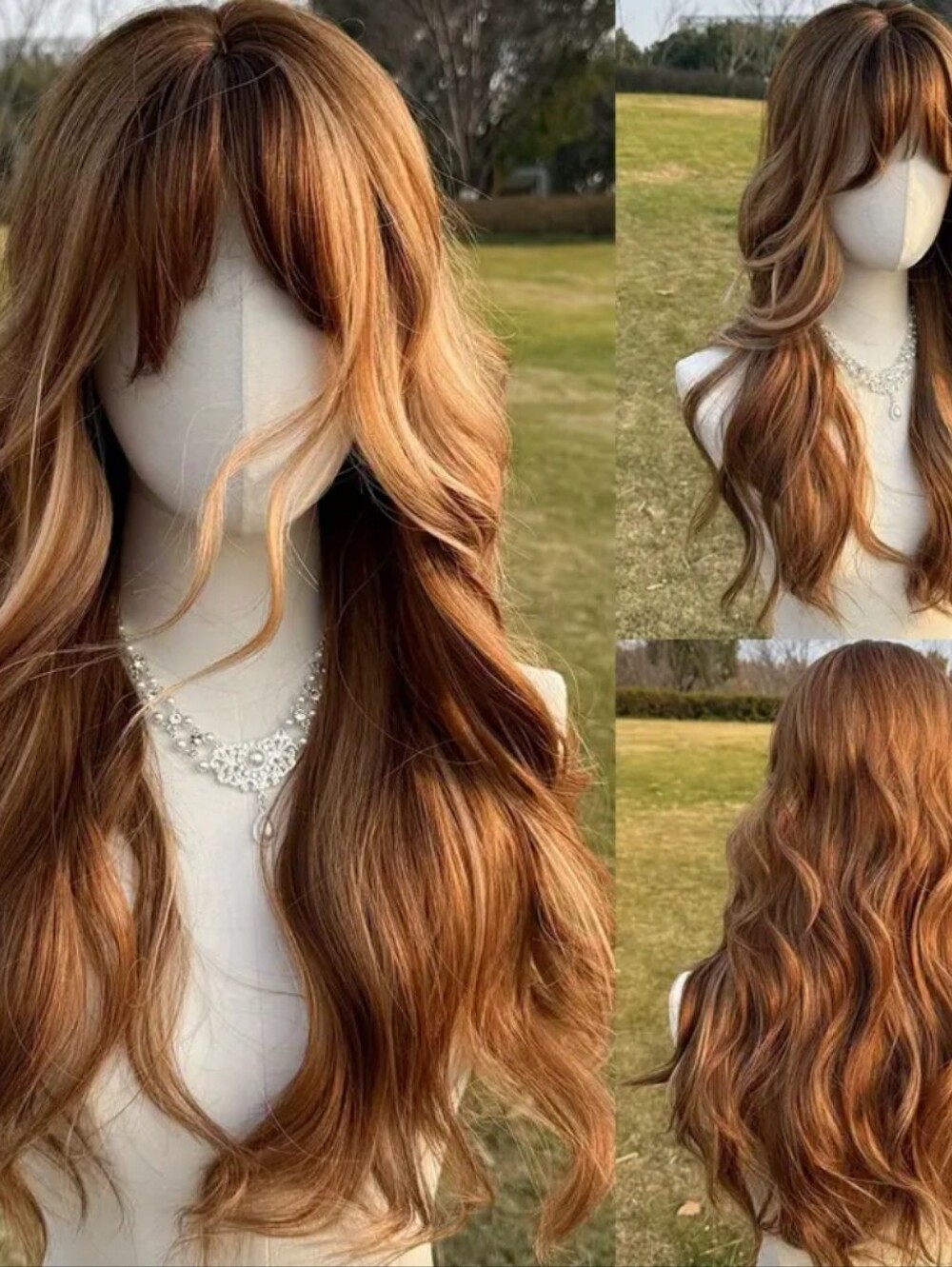 NWT Long Wavy Curly Layered Women's Wig with Bangs -Auburn Red Copper Brown